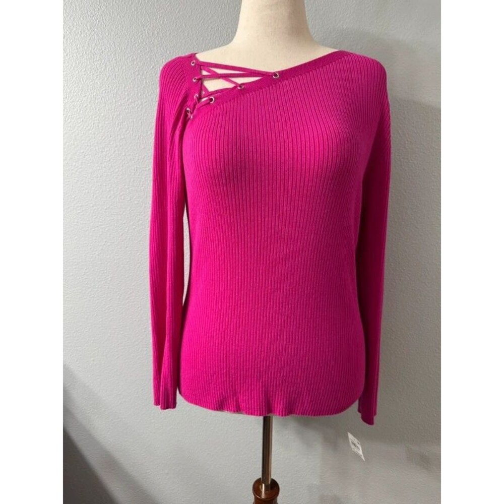 INC Fuchsia Ribbed Knit Lace Up Long Sleeve Top XL NWT